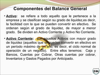 Componentes del Balance General
• Activo: se refiere a todo aquello que le pertenece a la
empresa y se clasifican según su grado de liquidez,es decir,
la facilidad con la que se pueden convertir en efectivo. Se
ordenan según el grado de liquidez, de mayor a menor
grado. Se dividen en Activo Corriente y Activo No Corriente.
• Activo Corriente: son aquellos Activos con mayor grado
de liquidez (aquellos que se pueden convertir en efectivo en
un período máximo de un año, es decir, el ciclo normal de
operación de un negocio). Entre ellos tenemos: Caja y
Bancos, Cuentas por Cobrar, Otras cuentas por cobrar,
Inventarios y Gastos Pagados por Anticipado.
 