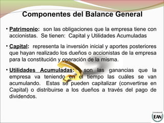 • Patrimonio: son las obligaciones que la empresa tiene con
accionistas. Se tienen: Capital y Utilidades Acumuladas
• Capital: representa la inversión inicial y aportes posteriores
que hayan realizado los dueños o accionistas de la empresa
para la constitución y operación de la misma.
• Utilidades Acumuladas: son las ganancias que la
empresa va teniendo en el tiempo las cuáles se van
acumulando. Estas se pueden capitalizar (convertirse en
Capital) o distribuirse a los dueños a través del pago de
dividendos.
Componentes del Balance General
 