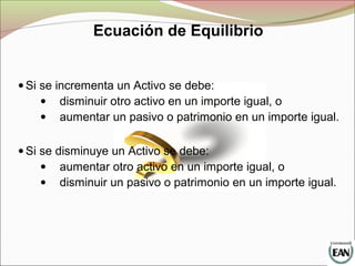 • Si se incrementa un Activo se debe:
• disminuir otro activo en un importe igual, o
• aumentar un pasivo o patrimonio en un importe igual.
• Si se disminuye un Activo se debe:
• aumentar otro activo en un importe igual, o
• disminuir un pasivo o patrimonio en un importe igual.
Ecuación de Equilibrio
 