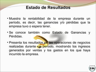 Estado de Resultados
• Muestra la rentabilidad de la empresa durante un
período, es decir, las ganancias y/o pérdidas que la
empresa tuvo o espera tener.
• Se conoce también como Estado de Ganancias y
Pérdidas.
• Presenta los resultados de las operaciones de negocios
realizadas durante un período, mostrando los ingresos
generados por ventas y los gastos en los que haya
incurrido la empresa.
 