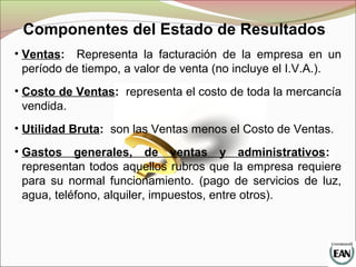 Componentes del Estado de Resultados
• Ventas: Representa la facturación de la empresa en un
período de tiempo, a valor de venta (no incluye el I.V.A.).
• Costo de Ventas: representa el costo de toda la mercancía
vendida.
• Utilidad Bruta: son las Ventas menos el Costo de Ventas.
• Gastos generales, de ventas y administrativos:
representan todos aquellos rubros que la empresa requiere
para su normal funcionamiento. (pago de servicios de luz,
agua, teléfono, alquiler, impuestos, entre otros).
 