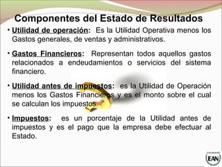 Componentes del Estado de Resultados
• Utilidad de operación: Es la Utilidad Operativa menos los
Gastos generales, de ventas y administrativos.
• Gastos Financieros: Representan todos aquellos gastos
relacionados a endeudamientos o servicios del sistema
financiero.
• Utilidad antes de impuestos: es la Utilidad de Operación
menos los Gastos Financieros y es el monto sobre el cual
se calculan los impuestos.
• Impuestos: es un porcentaje de la Utilidad antes de
impuestos y es el pago que la empresa debe efectuar al
Estado.
 