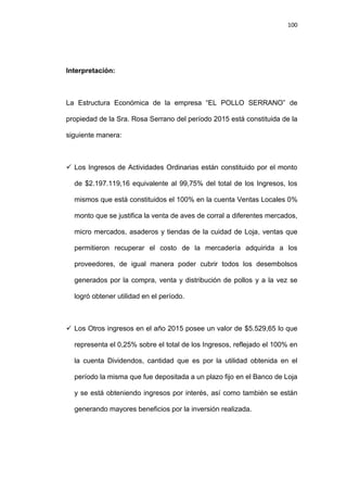100
Interpretación:
La Estructura Económica de la empresa “EL POLLO SERRANO” de
propiedad de la Sra. Rosa Serrano del período 2015 está constituida de la
siguiente manera:
 Los Ingresos de Actividades Ordinarias están constituido por el monto
de $2.197.119,16 equivalente al 99,75% del total de los Ingresos, los
mismos que está constituidos el 100% en la cuenta Ventas Locales 0%
monto que se justifica la venta de aves de corral a diferentes mercados,
micro mercados, asaderos y tiendas de la cuidad de Loja, ventas que
permitieron recuperar el costo de la mercadería adquirida a los
proveedores, de igual manera poder cubrir todos los desembolsos
generados por la compra, venta y distribución de pollos y a la vez se
logró obtener utilidad en el período.
 Los Otros ingresos en el año 2015 posee un valor de $5.529,65 lo que
representa el 0,25% sobre el total de los Ingresos, reflejado el 100% en
la cuenta Dividendos, cantidad que es por la utilidad obtenida en el
período la misma que fue depositada a un plazo fijo en el Banco de Loja
y se está obteniendo ingresos por interés, así como también se están
generando mayores beneficios por la inversión realizada.
 