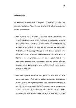 106
Interpretación:
La Estructura Económica de la empresa “EL POLLO SERRANO” de
propiedad de la Sra. Rosa. Serrano de año 2016 refleja los siguientes
valores y porcentajes:
 Los Ingresos de Actividades Ordinarias están constituidos por
$1.860.932,22 equivalente al 99,21% del total de los Ingresos; la cuenta
más representativa es Ventas Locales 0 % con el valor de $1.860.902,03
equivalente al 99,99% del total de los Ingresos de Actividades
Ordinarias, monto que se justifica por la venta de aves de corral a los
diferentes locales comerciales como supermercados, micro mercados,
tiendas y asaderos, ventas que permitieron recuperar el costo de la
mercadería comprada a los proveedores, así como también cubrir los
gastos producto de la compra, venta y distribución, logrando obtener
utilidad en el período.
 Los Otros Ingresos en el año 2016 posee un valor de $14.725,19
conformado en un 0,79% sobre el total de los Ingresos, evidenciando
que las cuentas más significativas son; Otras Rentas con una cantidad
de $12.720,62 que equivale al 86,39% cantidad que se obtuvo como
ingreso adicional por la venta de tres vehículos en el período,
seguidamente de la cuenta Dividendos con un total de $ 1.983,00
 