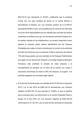 113
$24.712,15 que representa el 18,04%, justificando que la empresa
cuenta con una gran cantidad de dinero en la cuenta Efectivo y
Equivalentes al Efectivo con una variación positiva de $ 21.876,51
equivalente 65,89% monto que se justifica por la venta de tres vehículos
en el año 2016 disponibilidad que fue utilizada para cancelar las deudas
contraídas con el Banco de Loja, con la empresa comercial Teojama S.A,
se realizar mejoras en las instalaciones y se compró maquinaria nueva
además la empresa posee valores significativos por los Cheques
Protestados los cuales no fueron cobrados por no contar con la suficiente
provisión de fondos los que va ocasionar multas y sanciones de hasta el
10% del cheque girado, así como también en los Cheques Postfechados
que según la Ley General de Cheques y el Código Orgánico Monetario
Financiero está prohibida la emisión de estos cheques y el
incumplimiento se penaliza con el cierre de la cuenta, con multas y
sanciones económicas de hasta el 20% del cheques, se sugiere a la
empresa apegarse a la normativa legal vigente.
 El Activo No Corriente posee una cantidad de $ 317.563,32 en el período
2015 y en el año 2016 de $260.142,19 demostrando una variación
negativa de $(57.421,13) que equivale al -18,08%, lo que se significa
que la empresa tiene una disminución en la cuenta Propiedad Planta y
Equipo en el año 2016 con una variación negativa de $(36.164,45)
conformado en un -22,10% por la venta de tres vehículos en el período
 