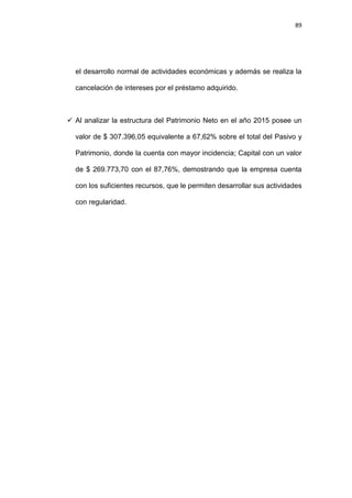 89
el desarrollo normal de actividades económicas y además se realiza la
cancelación de intereses por el préstamo adquirido.
 Al analizar la estructura del Patrimonio Neto en el año 2015 posee un
valor de $ 307.396,05 equivalente a 67,62% sobre el total del Pasivo y
Patrimonio, donde la cuenta con mayor incidencia; Capital con un valor
de $ 269.773,70 con el 87,76%, demostrando que la empresa cuenta
con los suficientes recursos, que le permiten desarrollar sus actividades
con regularidad.
 