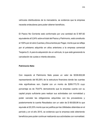 156
vehículos distribuidores de la mercadería, se evidencia que la empresa
necesita endeudarse para poder obtener beneficios.
El Pasivo No Corriente está conformado por una cantidad de $ 997,92
equivalente al 0,24% sobre el total del Pasivo y Patrimonio, está constituido
el 100% por el rubro Cuentas y Documentos por Pagar, monto que se refleja
por el préstamo adquirido en años anteriores a la empresa comercial
Teojama S. A para la adquisición de un vehículo, lo que está generando la
cancelación de cuotas e interés elevados.
Patrimonio Neto
Con respecto al Patrimonio Neto posee un valor de $338.602,68
representando del 80,26% de la estructura financiera donde las cuentas
más significativas son, Capital con un monto de $269.773,70 cuyo
porcentaje es de 79,67% demostrando que la empresa cuenta con su
capital propio suficiente para realizar sus actividades con normalidad y
poder cancelar las obligaciones adquiridas con los proveedores y
posteriormente la cuenta Resultados con un valor de $ 68.828,98 lo que
equivale al 20,33% monto que se justifica por las Utilidades obtenidas en el
período y en el año 2015, se evidencia que la empresa está obteniendo
beneficios para poder continuar realizando sus actividades con normalidad.
 