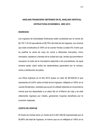157
ANÁLISIS FINANCIERO OBTENIDO EN EL ANÁLISIS VERTICAL
ESTRUCTURA ECONÓMICA AÑO 2015
INGRESOS
Los Ingresos de Actividades Ordinarias están constituido por el monto de
$2.197.119,16 equivalente al 99,75% del total de los Ingresos, los mismos
que está constituidos el 100% en la cuenta Ventas Locales 0% monto que
se justifica la venta de aves de corral a diferentes mercados, micro
mercados, asaderos y tiendas de la cuidad de Loja, ventas que permitieron
recuperar el costo de la mercadería adquirida a los proveedores, de igual
manera poder cubrir todos los desembolsos generados por la compra,
venta y distribución de pollos.
Los Otros ingresos en el año 2015 posee un valor de $5.529,65 lo que
representa el 0,25% sobre el total de los Ingresos, reflejado el 100% en la
cuenta Dividendos, cantidad que es por la utilidad obtenida en el período la
misma que fue depositada a un plazo fijo en el Banco de Loja y se está
obteniendo ingresos por interés, generando mayores beneficios por la
inversión realizada.
COSTO DE VENTAS
El Costo de Ventas tiene un monto de $ 2.001.290,56 representado por el
90,86% del total de Ingresos, el mismo que se ve reflejado el 100% en la
 