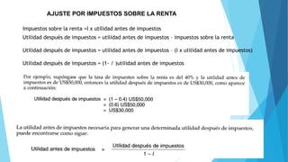 AJUSTE POR IMPUESTOS SOBRE LA RENTA
Impuestos sobre la renta =I x utilidad antes de impuestos
Utilidad después de impuestos = utilidad antes de impuestos – impuestos sobre la renta
Utilidad después de impuestos = utilidad antes de impuestos – (I x utilidad antes de impuestos)
Utilidad después de impuestos = (1- / )utilidad antes de impuestos
 