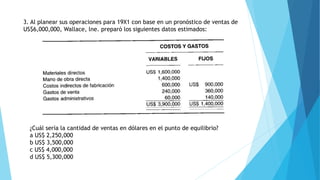 3. Al planear sus operaciones para 19X1 con base en un pronóstico de ventas de
US$6,000,000, Wallace, lne. preparó los siguientes datos estimados:
¿Cuál sería la cantidad de ventas en dólares en el punto de equilibrio?
a US$ 2,250,000
b US$ 3,500,000
c US$ 4,000,000
d US$ 5,300,000
 