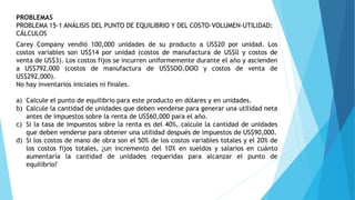 PROBLEMAS
PROBLEMA 15-1 ANÁLISIS DEL PUNTO DE EQUILIBRIO Y DEL COSTO-VOLUMEN-UTILlDAD:
CÁLCULOS
Carey Company vendió 100,000 unidades de su producto a US$20 por unidad. Los
costos variables son US$14 por unidad (costos de manufactura de US$ll y costos de
venta de US$3). Los costos fijos se incurren uniformemente durante el año y ascienden
a US$792,000 (costos de manufactura de US$SOO,OOO y costos de venta de
US$292,000).
No hay inventarios iniciales ni finales.
a) Calcule el punto de equilibrio para este producto en dólares y en unidades.
b) Calcule la cantidad de unidades que deben venderse para generar una utilidad neta
antes de impuestos sobre la renta de US$60,000 para el año.
c) Si la tasa de impuestos sobre la renta es del 40%, calcule la cantidad de unidades
que deben venderse para obtener una utilidad después de impuestos de US$90,000.
d) Si los costos de mano de obra son el 50% de los costos variables totales y el 20% de
los costos fijos totales, ¿un incremento del 10% en sueldos y salarios en cuánto
aumentaría la cantidad de unidades requeridas para alcanzar el punto de
equilibrio?
 