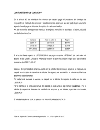 LEY DE REGISTRO DE COMERCIO23


En el artículo 63 se establecen los montos que deberá pagar el propietario en concepto de
renovación de matrícula de comercio y establecimientos, aclarando que por cada local, sucursal o
agencia deberá pagarse el trámite de registro de cada uno de ellos.
Art. 63.- El trámite de registro de matrícula de empresa mercantil, de acuerdo a su activo, causará
los siguientes derechos:


                              Activo de               Hasta un Activo de                   Pagará
                             $ 2,000.00                   $ 57,150.00                      $ 91.43
                             $57,151.00                   $114,286.00                      $137.14
                            $114,287.00                   $228,572.00                      $228.57



Si el activo fuere superior a USD$228,572.00 se pagará además USD$11.43 por cada cien mil
dólares de los Estados Unidos de América o fracción de cien mil, pero en ningún caso los derechos
excederán de USD$11,428.57.


Después de matriculada la empresa, junto con la solicitud de renovación anual de la matrícula, se
pagará en concepto de derechos de trámite de registro por renovación, la misma cantidad que
determina la tabla anterior.
Por cada local, sucursal o agencia, se pagará por el trámite de registro de cada uno de ellos
USD$34.29
Por el trámite de la renovación anual del registro de cada uno de los mismos USD$34.29. Por el
trámite de registro de traspaso de matrícula de empresa y sus locales, agencias o sucursales
USD$34.29


Si sólo se traspasa el local, la agencia o la sucursal, por cada uno 34.29




23   Ley de Registro de Comercio, decreto legislativo No. 271, 1973, Capitulo X, Art.63.
 
