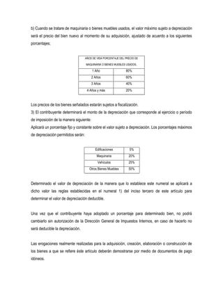 b) Cuando se tratare de maquinaria o bienes muebles usados, el valor máximo sujeto a depreciación
será el precio del bien nuevo al momento de su adquisición, ajustado de acuerdo a los siguientes
porcentajes;


                                    AÑOS DE VIDA PORCENTAJE DEL PRECIO DE

                                    MAQUINARIA O BIENES MUEBLES USADOS.

                                        1 Año                   80%
                                        2 Años                  60%
                                        3 Años                  40%
                                     4 Años y más               20%



Los precios de los bienes señalados estarán sujetos a fiscalización.
3) El contribuyente determinará el monto de la depreciación que corresponde al ejercicio o período
de imposición de la manera siguiente:
Aplicará un porcentaje fijo y constante sobre el valor sujeto a depreciación. Los porcentajes máximos
de depreciación permitidos serán:


                                           Edificaciones           5%
                                            Maquinaria            20%
                                            Vehículos             25%
                                       Otros Bienes Muebles       50%



Determinado el valor de depreciación de la manera que lo establece este numeral se aplicará a
dicho valor las reglas establecidas en el numeral 1) del inciso tercero de este artículo para
determinar el valor de depreciación deducible.


Una vez que el contribuyente haya adoptado un porcentaje para determinado bien, no podrá
cambiarlo sin autorización de la Dirección General de Impuestos Internos, en caso de hacerlo no
será deducible la depreciación.


Las erogaciones realmente realizadas para la adquisición, creación, elaboración o construcción de
los bienes a que se refiere éste artículo deberán demostrarse por medio de documentos de pago
idóneos.
 