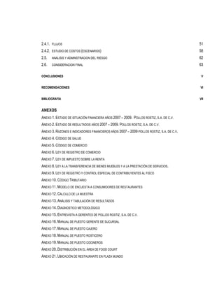 2.4.1. FLUJOS                                                                             51
2.4.2. ESTUDIO DE COSTOS (ESCENARIOS)                                                     58
2.5.   ANALISIS Y ADMINSTRACION DEL RIESGO                                                62
2.6.   CONSIDERACION FINAL                                                                63

CONCLUSIONES                                                                               V


RECOMENDACIONES                                                                           VI


BIBLIOGRAFIA                                                                              VII


ANEXOS
ANEXO 1. ESTADO DE SITUACIÓN FINANCIERA AÑOS 2007 – 2009. POLLOS ROSTIZ, S.A. DE C.V.
ANEXO 2. ESTADO DE RESULTADOS AÑOS 2007 – 2009. POLLOS ROSTIZ, S.A. DE C.V.
ANEXO 3. RAZONES E INDICADORES FINANCIEROS AÑOS 2007 – 2009 POLLOS ROSTIZ, S.A. DE C.V.
ANEXO 4. CÓDIGO DE SALUD
ANEXO 5. CÓDIGO DE COMERCIO
ANEXO 6. LEY DE REGISTRO DE COMERCIO
ANEXO 7. LEY DE IMPUESTO SOBRE LA RENTA
ANEXO 8. LEY A LA TRANSFERENCIA DE BIENES MUEBLES Y A LA PRESTACIÓN DE SERVICIOS.
ANEXO 9. LEY DE REGISTRO Y CONTROL ESPECIAL DE CONTRIBUYENTES AL FISCO
ANEXO 10. CÓDIGO TRIBUTARIO
ANEXO 11. MODELO DE ENCUESTA A CONSUMIDORES DE RESTAURANTES
ANEXO 12. CALCULO DE LA MUESTRA
ANEXO 13. ANÁLISIS Y TABULACIÓN DE RESULTADOS
ANEXO 14. DIAGNOSTICO METODOLÓGICO
ANEXO 15. ENTREVISTA A GERENTES DE POLLOS ROSTIZ, S.A. DE C.V.
ANEXO 16. MANUAL DE PUESTO GERENTE DE SUCURSAL
ANEXO 17. MANUAL DE PUESTO CAJERO
ANEXO 18. MANUAL DE PUESTO ROSTICERO
ANEXO 19. MANUAL DE PUESTO COCINEROS
ANEXO 20. DISTRIBUCIÓN EN EL ÁREA DE FOOD COURT
ANEXO 21. UBICACIÓN DE RESTAURANTE EN PLAZA MUNDO
 
