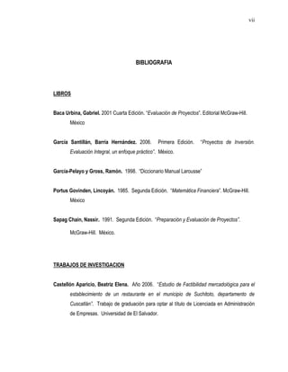 vii




                                       BIBLIOGRAFIA




LIBROS


Baca Urbina, Gabriel. 2001 Cuarta Edición. “Evaluación de Proyectos”. Editorial McGraw-Hill.
       México


García Santillán, Barría Hernández. 2006.        Primera Edición.    “Proyectos de Inversión.
       Evaluación Integral, un enfoque práctico”. México.


García-Pelayo y Gross, Ramón. 1998. “Diccionario Manual Larousse”


Portus Govinden, Lincoyán. 1985. Segunda Edición. “Matemática Financiera”. McGraw-Hill.
       México


Sapag Chain, Nassir. 1991. Segunda Edición. “Preparación y Evaluación de Proyectos”.

       McGraw-Hill. México.




TRABAJOS DE INVESTIGACION


Castellón Aparicio, Beatriz Elena. Año 2006. “Estudio de Factibilidad mercadológica para el
       establecimiento de un restaurante en el municipio de Suchitoto, departamento de
       Cuscatlán”. Trabajo de graduación para optar al título de Licenciada en Administración
       de Empresas. Universidad de El Salvador.
 