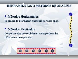 HERRAMIENTAS O METODOS DE ANALISISHERRAMIENTAS O METODOS DE ANALISIS
 Métodos Horizontales:Métodos Horizontales:
Se analiza la información financiera de varios años.Se analiza la información financiera de varios años.
 Métodos Verticales:Métodos Verticales:
Los porcentajes que se obtienen corresponden a lasLos porcentajes que se obtienen corresponden a las
cifras de un solo ejercicio.cifras de un solo ejercicio.
 