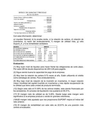 Con esta información, determinar:
a) Liquidez General, b) la prueba ácida, c) la rotación de cartera, d) rotación de
inventarios, e) razón del endeudamiento, f) margen de utilidad neta, g) ratio
Dupont_A. y h) la rentabilidad verdadera:




Evaluación:
(1) Muy buen nivel de liquidez para hacer frente las obligaciones de corto plazo.
Por cada UM de deuda disponemos de UM 2.26 para pagarla.
(2) Sigue siendo buena la capacidad de pago de la empresa.
(5) Muy bien la rotación de cartera 9.75 veces al año. Están utilizando el crédito
como estrategia de ventas. Poco endeudamiento.
(6) Muy bajo nivel de rotación de la inversión en inventarios. A mayor rotación
mayor movilidad del capital invertido en inventarios y más rápida recuperación de
la utilidad que tiene cada unidad de producto terminado.
(12) Según este ratio el 51.69% de los activos totales, esta siendo financiado por
los acreedores. En proceso de liquidación nos quedaría el 48.31%.
(17) El margen neto de utilidad es de 5.28%. Desde luego este margen será
significativo si la empresa produce o vende en grandes volúmenes.
(18A)El margen neto ajustado que nos proporciona DUPONT mejora el índice del
ratio anterior.
(19) El margen de rentabilidad con este ratio es 22.61% da una posición más
certera al evaluador.
 