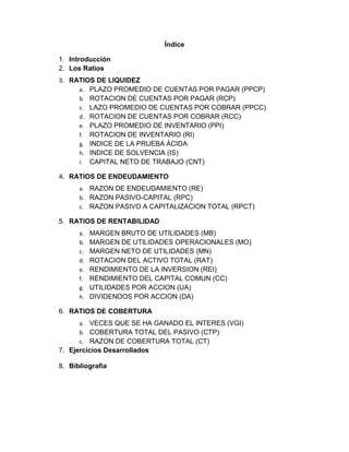 Índice

1. Introducción
2. Los Ratios
3. RATIOS DE LIQUIDEZ
     a. PLAZO PROMEDIO DE CUENTAS POR PAGAR (PPCP)
     b. ROTACION DE CUENTAS POR PAGAR (RCP)
     c. LAZO PROMEDIO DE CUENTAS POR COBRAR (PPCC)
     d. ROTACION DE CUENTAS POR COBRAR (RCC)
     e. PLAZO PROMEDIO DE INVENTARIO (PPI)
     f. ROTACION DE INVENTARIO (RI)
     g. INDICE DE LA PRUEBA ÁCIDA
     h. INDICE DE SOLVENCIA (IS)
     i. CAPITAL NETO DE TRABAJO (CNT)

4. RATIOS DE ENDEUDAMIENTO
      a. RAZON DE ENDEUDAMIENTO (RE)
      b. RAZON PASIVO-CAPITAL (RPC)
      c. RAZON PASIVO A CAPITALIZACION TOTAL (RPCT)

5. RATIOS DE RENTABILIDAD
      a.   MARGEN BRUTO DE UTILIDADES (MB)
      b.   MARGEN DE UTILIDADES OPERACIONALES (MO)
      c.   MARGEN NETO DE UTILIDADES (MN)
      d.   ROTACION DEL ACTIVO TOTAL (RAT)
      e.   RENDIMIENTO DE LA INVERSION (REI)
      f.   RENDIMIENTO DEL CAPITAL COMUN (CC)
      g.   UTILIDADES POR ACCION (UA)
      h.   DIVIDENDOS POR ACCION (DA)

6. RATIOS DE COBERTURA
      a. VECES QUE SE HA GANADO EL INTERES (VGI)
      b. COBERTURA TOTAL DEL PASIVO (CTP)
      c. RAZON DE COBERTURA TOTAL (CT)
7. Ejercicios Desarrollados

8. Bibliografía
 