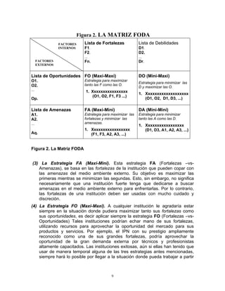 Figura 2. LA MATRIZ FODA
                 FACTORES     Lista de Fortalezas             Lista de Debilidades
                 INTERNOS     F1.                             D1.
                              F2.                             D2.
                              ...                             ...
      FACTORES                Fn.                             Dr.
      EXTERNOS


Lista de Oportunidades FO (Maxi-Maxi)                         DO (Mini-Maxi)
O1.                           Estrategia para maximizar
                                                              Estrategia para minimizar las
O2.                           tanto las F como las O.
                                                              D y maximizar las O.
...                            1. Xxxxxxxxxxxxxxxx
                                                              1. Xxxxxxxxxxxxxxxxxxx
                                  (O1, O2, F1, F3 ...)
Op.                                                              (O1, O2, D1, D3, ...)

Lista de Amenazas             FA (Maxi-Mini)                  DA (Mini-Mini)
A1.                           Estrategia para maximizar las   Estrategia para minimizar
A2.                           fortalezas y minimizar las      tanto las A como las D.
...                           amenazas.
                                                              1. Xxxxxxxxxxxxxxxxx
                              1. Xxxxxxxxxxxxxxxxx               (D1, D3, A1, A2, A3, ...)
Aq.                              (F1, F3, A2, A3, ...)


Figura 2. La Matriz FODA


 (3) La Estrategia FA (Maxi-Mini). Esta estrategia FA (Fortalezas –vs-
    Amenazas), se basa en las fortalezas de la institución que pueden copar con
    las amenazas del medio ambiente externo. Su objetivo es maximizar las
    primeras mientras se minimizan las segundas. Esto, sin embargo, no significa
    necesariamente que una institución fuerte tenga que dedicarse a buscar
    amenazas en el medio ambiente externo para enfrentarlas. Por lo contrario,
    las fortalezas de una institución deben ser usadas con mucho cuidado y
    discreción.
(4) La Estrategia FO (Maxi-Maxi). A cualquier institución le agradaría estar
    siempre en la situación donde pudiera maximizar tanto sus fortalezas como
    sus oportunidades, es decir aplicar siempre la estrategia FO (Fortalezas –vs-
    Oportunidades) Tales instituciones podrían echar mano de sus fortalezas,
    utilizando recursos para aprovechar la oportunidad del mercado para sus
    productos y servicios. Por ejemplo, el IPN con su prestigio ampliamente
    reconocido como una de sus grandes fortalezas, podría aprovechar la
    oportunidad de la gran demanda externa por técnicos y profesionistas
    altamente capacitados. Las instituciones exitosas, aún si ellas han tenido que
    usar de manera temporal alguna de las tres estrategias antes mencionadas,
    siempre hará lo posible por llegar a la situación donde pueda trabajar a partir



                                             9
 