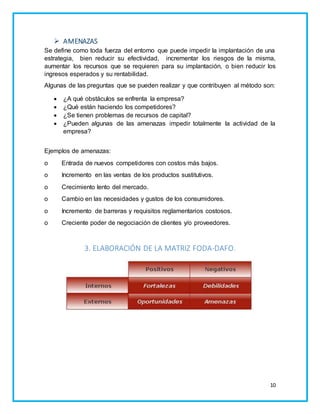 10 
 AMENAZAS 
Se define como toda fuerza del entorno que puede impedir la implantación de una 
estrategia, bien reducir su efectividad, incrementar los riesgos de la misma, 
aumentar los recursos que se requieren para su implantación, o bien reducir los 
ingresos esperados y su rentabilidad. 
Algunas de las preguntas que se pueden realizar y que contribuyen al método son: 
 ¿A qué obstáculos se enfrenta la empresa? 
 ¿Qué están haciendo los competidores? 
 ¿Se tienen problemas de recursos de capital? 
 ¿Pueden algunas de las amenazas impedir totalmente la actividad de la 
empresa? 
Ejemplos de amenazas: 
o Entrada de nuevos competidores con costos más bajos. 
o Incremento en las ventas de los productos sustitutivos. 
o Crecimiento lento del mercado. 
o Cambio en las necesidades y gustos de los consumidores. 
o Incremento de barreras y requisitos reglamentarios costosos. 
o Creciente poder de negociación de clientes y/o proveedores. 
3. ELABORACIÓN DE LA MATRIZ FODA-DAFO. 
 