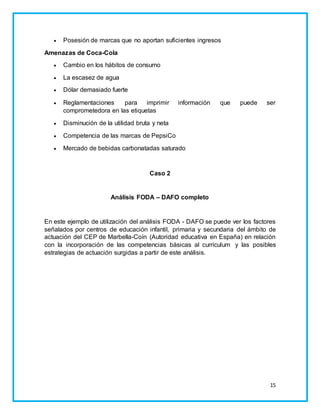 15 
 Posesión de marcas que no aportan suficientes ingresos 
Amenazas de Coca-Cola 
 Cambio en los hábitos de consumo 
 La escasez de agua 
 Dólar demasiado fuerte 
 Reglamentaciones para imprimir información que puede ser 
comprometedora en las etiquetas 
 Disminución de la utilidad bruta y neta 
 Competencia de las marcas de PepsiCo 
 Mercado de bebidas carbonatadas saturado 
Caso 2 
Análisis FODA – DAFO completo 
En este ejemplo de utilización del análisis FODA - DAFO se puede ver los factores 
señalados por centros de educación infantil, primaria y secundaria del ámbito de 
actuación del CEP de Marbella-Coín (Autoridad educativa en España) en relación 
con la incorporación de las competencias básicas al currículum y las posibles 
estrategias de actuación surgidas a partir de este análisis. 
 