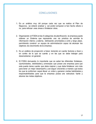 17 
CONCLUSIONES 
1. Es un análisis muy útil porque cada vez que se realice el Plan de 
Negocios, se volverá analizar y así poder comparar si han hecho efecto o 
no, para reforzar unas áreas o fortalecer otras. 
2. Organizando el FODA en las 6 categorías de planificación, la empresa puede 
obtener un Sistema que representa una vía práctica de asimilar la 
información interna y externa, delineando prioridades a corto y largo plazo, 
permitiendo construir un equipo de administración capaz de alcanzar los 
objetivos de crecimiento de la empresa. 
3. Es un análisis de proyección a futuro teniendo en cuenta factores a favor y 
en contra de lo que se cuenta y en las que se debe trabajar para 
desenvolverse en general. 
4. El FODA demuestra lo importante que es saber las diferentes fortalezas, 
oportunidades, debilidades y amenazas que posee una empresa para que 
esta pueda darse cuenta que debe mejorar y que debe fortalecer aún más 
para tener un mejor desempeño y así seguir creciendo a manera que todos 
los que la conforman sepan llevar un orden y generen ciertas habilidades y 
responsabilidades para que la empresa posea una estructura fuerte y 
alcance las metas objetivos. 
 