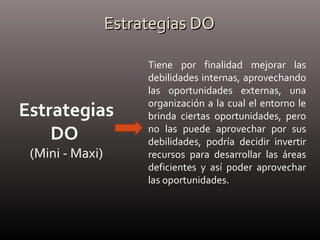 Estrategias DOEstrategias DO
Estrategias
DO
(Mini - Maxi)
Tiene por finalidad mejorar las
debilidades internas, aprovechando
las oportunidades externas, una
organización a la cual el entorno le
brinda ciertas oportunidades, pero
no las puede aprovechar por sus
debilidades, podría decidir invertir
recursos para desarrollar las áreas
deficientes y así poder aprovechar
las oportunidades.
 
