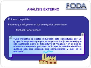 ANÁLISIS EXTERNO
Entorno competitivo:
Factores que influyen en un tipo de negocios determinado.
 Michael Porter define:
“Una industria (o sector industrial) esta constituida por un
grupo de empresas que producen pruductos (o servicios) que
son sustitutos entre sí. Constituye el “negocio” en el que se
mueve una empresa, por tanto es lo que le permite identificar
quiénes son sus clientes, sus competidores y cuál es el
mercado”.
 