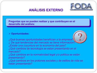 ANÁLISIS EXTERNO
Preguntas que se pueden realizar y que contribuyen en el
desarrollo del análisis:
 Oportunidades:
¿Qué buenas oportunidades benefician a la empresa?
¿ De qué tendencias del mercado se tiene información?
¿Existe una coyuntura en la economía del país?
¿Qué cambios de tecnología se estan presentando en el
mercado?
¿Qué cambios en la normatividad legal y/o política se están
presentando?
¿Qué cambios en los pratones sociales y de estilos de vida se
están presentando?
 