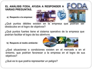 EL ANÁLISIS FODA, AYUDA A RESPONDER A
VARIAS PREGUNTAS.
¿Qué puntos débiles existen en la empresa que podrían ser
obstáculos en el logro de objetivos?
¿Qué puntos fuertes tiene el sistema operativo de la empresa que
podrían facilitar el logro de los objetivos.
a) Respecto a la empresa:
b) Respecto al medio ambiente:
¿Qué situaciones o condiciones existen en el mercado o en el
entorno, que podrían favorecer a la empresa en el logro de sus
objetivos?
¿Qué es lo que podría representar un peligro?
 