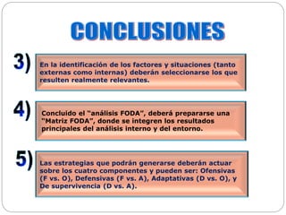 En la identificación de los factores y situaciones (tanto
externas como internas) deberán seleccionarse los que
resulten realmente relevantes.
Concluido el “análisis FODA”, deberá prepararse una
“Matriz FODA”, donde se integren los resultados
principales del análisis interno y del entorno.
Las estrategias que podrán generarse deberán actuar
sobre los cuatro componentes y pueden ser: Ofensivas
(F vs. O), Defensivas (F vs. A), Adaptativas (D vs. O), y
De supervivencia (D vs. A).
 