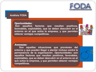 Oportunidades:
Son aquellos factores que resultan positivos,
favorables, explotables, que se deben descubrir en el
entorno en el que actúa la empresa, y que permiten
obtener ventajas competitivas.
Amenazas:
Son aquellas situaciones que provienen del
entorno y que pueden llegar a atentar incluso contra la
permanencia de la organización. Oportunidades: son
aquellos factores que resultan positivos, favorables,
explotables, que se deben descubrir en el entorno en el
que actúa la empresa, y que permiten obtener ventajas
competitivas.
Análisis FODA
 