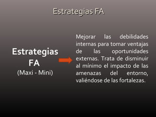 Estrategias FAEstrategias FA
Estrategias
FA
(Maxi - Mini)
Mejorar las debilidades
internas para tomar ventajas
de las oportunidades
externas. Trata de disminuir
al mínimo el impacto de las
amenazas del entorno,
valiéndose de las fortalezas.
 