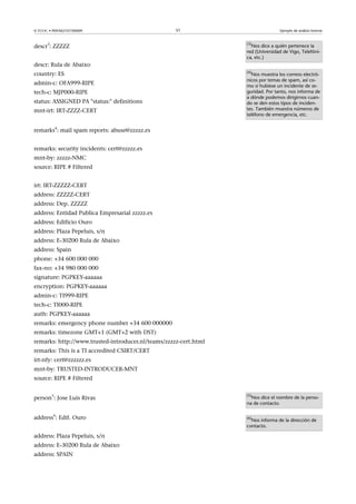 © FUOC • P09/M2107/00009 51 Ejemplo de análisis forense
descr
3
: ZZZZZ
descr: Rula de Abaixo
country: ES
admin-c: OFA999-RIPE
tech-c: MJP000-RIPE
status: ASSIGNED PA status: definitions
mnt-irt: IRT-ZZZZ-CERT
remarks
4
: mail spam reports: abuse@zzzzz.es
remarks: security incidents: cert@zzzzz.es
mnt-by: zzzzz-NMC
source: RIPE # Filtered
irt: IRT-ZZZZZ-CERT
address: ZZZZZ-CERT
address: Dep. ZZZZZ
address: Entidad Publica Empresarial zzzzz.es
address: Edificio Ouro
address: Plaza Pepeluis, s/n
address: E-30200 Rula de Abaixo
address: Spain
phone: +34 600 000 000
fax-no: +34 980 000 000
signature: PGPKEY-aaaaaa
encryption: PGPKEY-aaaaaa
admin-c: TI999-RIPE
tech-c: TI000-RIPE
auth: PGPKEY-aaaaaa
remarks: emergency phone number +34 600 000000
remarks: timezone GMT+1 (GMT+2 with DST)
remarks: http://www.trusted-introducer.nl/teams/zzzzz-cert.html
remarks: This is a TI accredited CSIRT/CERT
irt-nfy: cert@zzzzzz.es
mnt-by: TRUSTED-INTRODUCER-MNT
source: RIPE # Filtered
(3)
Nos dice a quién pertenece la
red (Universidad de Vigo, Telefóni-
ca, etc.)
(4)
Nos muestra los correos electró-
nicos por temas de spam, así co-
mo si hubiese un incidente de se-
guridad. Por tanto, nos informa de
a dónde podemos dirigirnos cuan-
do se den estos tipos de inciden-
tes. También muestra números de
teléfono de emergencia, etc.
person
5
: Jose Luis Rivas
address
6
: Edif. Ouro
address: Plaza Pepeluis, s/n
address: E-30200 Rula de Abaixo
address: SPAIN
(5)
Nos dice el nombre de la perso-
na de contacto.
(6)
Nos informa de la dirección de
contacto.
 