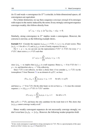 11
Weak Convergence
We finally arrive at the promised generalization of componentwise convergence to
infinite-dimensional spaces that allows obtaining a result similar to the Heine–Borel
theorem (Theorem 2.5). As argued in Chap. 7, continuous linear functionals are the
infinite-dimensional counterparts to the component mappings, and we define our
new notion of convergence accordingly.
Let X be a normed vector space and {xn}n∈N ⊂ X a sequence. We say that
{xn}n∈N converges weakly in X to x ∈ X and write xn  x if
lim
n→∞
x∗
, xnX = x∗
, xX for all x∗
∈ X∗
.
Similarly, we say that the sequence {x∗
n}n∈N ⊂ X∗ converges weakly-∗ in X∗ and
write x∗
n ∗ x∗ if
lim
n→∞
x∗
n, xX = x∗
, xX for all x ∈ X.
These limits are unique. For the weak-∗ convergence, this follows directly from the
definition: if x∗
n ∗ x∗ and x∗
n ∗ y∗, then
x∗
, xX = lim
n→∞
x∗
n, xX = y∗
, xX for all x ∈ X
and hence x∗ = y∗ by definition. Similarly, xn  x and xn  y implies that
x∗
, xX = x∗
, yX for all x∗
∈ X∗
.
If now x 	= y, we obtain from Corollary 8.5 an x∗ ∈ X∗ with x∗, x − yX 	=
0, in contradiction to the above equality. If X is reflexive, then weak convergence
© Springer Nature Switzerland AG 2020
C. Clason, Introduction to Functional Analysis, Compact Textbooks
in Mathematics, https://doi.org/10.1007/978-3-030-52784-6_11
99
 