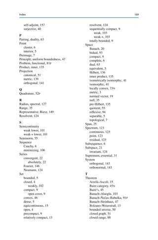 168 Index
H
Half-space, 78
Homogeneity, of a norm, 19
Hull
convex, 108P
linear, 25
Hyperplane, 78
I
Identity, 37
compact perturbation of the, 119
parallelogram, 137
Parseval’s, 144
polarization, 137
Index, 120
Inequality
Bessel’s, 144
Cauchy–Schwarz, 136
Hölder, 64
Minkowski, 28
triangle
for a metric, 3
for a norm, 19
Interior, 5
algebraic, 46
topological, 5
Isometry, 41
Isomorphism, 41
Riesz, 150
K
Kernel, 35
L
Lemma
core–int, 46
Ehrling’s, 118P
Riesz’s, 24
Schur’s, 100N
Zorn’s, 72
Limit, 5
M
Mapping
bounded, 6
closed, 52
continuous, 6
sequentially, 7
open, 48
quotient, 59
sesquilinear, 135
Method
direct, 106
of successive approximation, 53P
Metric, 3
discrete, 4
Euclidean, 4
product, 4
relative, 4
supremum, 16P
N
Neighborhood, 4
Nondegeneracy
of a metric, 3
of a norm, 19
Norm, 19
p-, 28
equivalent, 19
Euclidean, 23
operator, 37
product, 51
quotient, 56
spectral, 37
supremum, 26, 30
O
Operator
adjoint, 83
Hilbert-space, 152
antilinear, 150
biadjoint, 94
bijective, 40
bounded, 36
compact, 111
continuous, 35
completely, 112
derivative, 38
Fredholm, 120
Fredholm integral, 118P
injective, 40
integration, 115
inverse, 40
invertible, 40
continuously, 40
left-shift, 84
linear, 35
multiplication, 131P
normal, 157
restriction, 90P
right-shift, 84
 