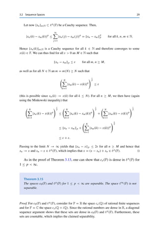 28 3 Normed Vector Spaces
For ce(F), consider for n, k ∈ N
xn(k) :=
⎧
⎨
⎩
1
k if k ≤ n,
0 otherwise,
x(k) :=
1
k
.
Then xn ∈ ce(F) for all n ∈ N and xn − x∞ = 1
n+1 → 0, but x /
∈ ce(F). 

Proceeding as in the last step, one can show that ce(F) is dense in c0(F) (consider
for given x ∈ c0(F) the sequence {xn}n∈N ⊂ ce(F) with xn(k) = x(k) for k ≤ n
and xn(k) = 0 otherwise).
Another class of Banach spaces is obtained using the p-norms. For x =
{xk}k∈N ∈ FN, we define
xp :=


k∈N
|xk|p
 1
p
, 1 ≤ p  ∞,
as well as
	p
(F) :=

x ∈ FN
: xp  ∞

.
Theorem 3.14
For all 1 ≤ p  ∞, 	p(F) is a Banach space.
Proof. Again, it is straightforward to verify the nondegeneracy and the homogeneity of the
mapping  · p. For the triangle inequality, we use the Minkowski inequality
 N

k=1
|xk + yk|p
 1
p
≤
 N

k=1
|xk|p
 1
p
+
 N

k=1
|yk|p
 1
p
to obtain
N

k=1
|xk + yk|p
≤ (xp + yp)p
for all N ∈ N.
Passing to the limit N → ∞ and taking the pth root then yields that
x + yp ≤ xp + yp.
Hence x + y ∈ 	p(F), and therefore 	p(F) is a normed vector space.
 