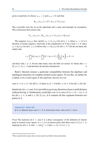 5
The Uniform Boundedness Principle
We now come to one of the core principles of functional analysis: The completeness
of Banach spaces implies that certain pointwise properties of linear operators in fact
hold uniformly. In this chapter, we will derive from this some of the fundamental
theorems on linear operators; further important consequences will show up in
Part III.
Since completeness is a metric property, all these theorems are based on an
abstract property of complete metric spaces known as Baire’s theorem.1 There are
several equivalent versions, of which we require the following.
Theorem 5.1 (Baire)
Let X be a complete metric space and {An}n∈N a sequence of closed subsets An ⊂ X.
If A :=

n∈N An contains an interior point, then there exists a j ∈ N such that Aj
contains an interior point as well.
Proof. We argue by contradiction. Assume that A contains an interior point, but none of the
An do. The former means that A contains an open ball U0 := Uε0 (x0); the latter implies that
(X  An) ∩ Uε(x) 	= ∅ for all n ∈ N, ε  0, and x ∈ X (since otherwise An would contain
an open ball and hence an interior point).
We now define inductively a sequence {Bεn (xn)}n∈N of nested closed balls with εn  1
n
as follows: For n = 1, we choose ε1  min{1, ε0/2} and x1 := x0. If xn and εn are now
1This result is also known as the Baire category theorem; however, this name stems from historical terminology
that is not relevant in our context.
© Springer Nature Switzerland AG 2020
C. Clason, Introduction to Functional Analysis, Compact Textbooks
in Mathematics, https://doi.org/10.1007/978-3-030-52784-6_5
45
 