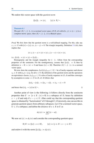 6
Quotient Spaces
The fundamental theorem of calculus implies that every continuous function has an
antiderivative that is unique up to addition of a constant. Correspondingly, the linear
derivative operator is injective “up to a constant”. If one is not really interested
in this constant, i.e., one wants to make statements that hold uniformly for all
constants, then the following formalization of “up to a constant” can be helpful.
(We will also need it for the proof of another fundamental theorem, the closed range
theorem, Theorem 9.10.)
We start with a general construction1 and define a seminorm on a vector space X
as a mapping |·| : X → R+ that satisfies the properties (ii) and (iii) in Definition 3.1
(i.e., we allow |x| = 0 for x 	= 0). It is straightforward to verify that x ∼ y if and
only if |x − y| = 0 defines an equivalence relation. The corresponding equivalence
classes
[x] := {y ∈ X : x ∼ y}
form a quotient space
X/∼ := {[x] : x ∈ X} ,
which is a vector space if addition and scalar multiplication are defined via
[x] + [y] := [x + y], λ[x] := [λx], x, y ∈ X, λ ∈ F.
1Which is also used for the construction of the Lp(
) spaces.
© Springer Nature Switzerland AG 2020
C. Clason, Introduction to Functional Analysis, Compact Textbooks
in Mathematics, https://doi.org/10.1007/978-3-030-52784-6_6
55
 