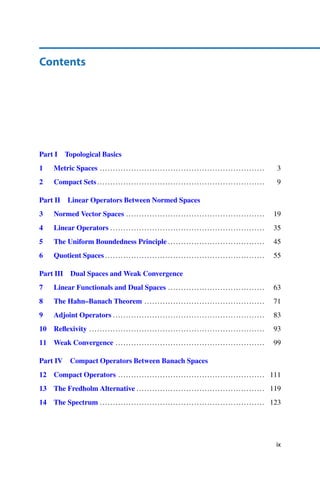 Contents
Part I Topological Basics
1 Metric Spaces ............................................................... 3
2 Compact Sets................................................................ 9
Part II Linear Operators Between Normed Spaces
3 Normed Vector Spaces ..................................................... 19
4 Linear Operators ........................................................... 35
5 The Uniform Boundedness Principle ..................................... 45
6 Quotient Spaces ............................................................. 55
Part III Dual Spaces and Weak Convergence
7 Linear Functionals and Dual Spaces ..................................... 63
8 The Hahn–Banach Theorem .............................................. 71
9 Adjoint Operators .......................................................... 83
10 Reflexivity ................................................................... 93
11 Weak Convergence ......................................................... 99
Part IV Compact Operators Between Banach Spaces
12 Compact Operators ........................................................ 111
13 The Fredholm Alternative ................................................. 119
14 The Spectrum ............................................................... 123
ix
 