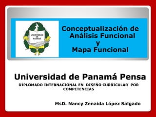 Universidad de Panamá Pensa
Conceptualización de
Análisis Funcional
y
Mapa Funcional
MsD. Nancy Zenaida López Salgado
DIPLOMADO INTERNACIONAL EN DISEÑO CURRICULAR POR
COMPETENCIAS
 