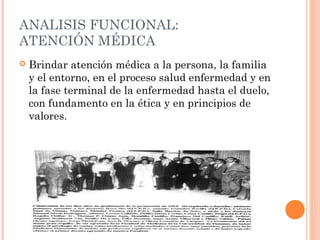 ANALISIS FUNCIONAL:
ATENCIÓN MÉDICA


Brindar atención médica a la persona, la familia
y el entorno, en el proceso salud enfermedad y en
la fase terminal de la enfermedad hasta el duelo,
con fundamento en la ética y en principios de
valores.

 