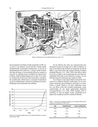 Arreygue-Rocha et al.
94
fraccionamiento de Prados Verdes localizado al NW, cu-
ya área es una planicie aluvial del Río Grande donde
constantemente se presentan inundaciones, ya sea por el
desbordamiento del citado río o, porque siendo la parte
más baja del lugar, el escurrimiento pluvial se estanca en
esta área. La segunda zona es la falda de la loma de San-
ta María, donde también después de los años 70 se inicia
la construcción de diversos fraccionamientos considera-
dos residenciales. Dicha loma se encuentra localizada al
sur de la ciudad donde se ubican los problemas de inesta-
bilidad que serán analizados más adelante.
En los últimos diez años, las construcciones han
alcanzado la base del escarpe de la falla La Paloma, la
cual es una falla de tipo normal con desniveles de más de
200m y que forma parte del sistema Morelia-Acambay
(Garduño-Monroy et al., 1998, 1999). Esta falla se ubica
al sur de la ciudad y está caracterizada por una fuerte in-
estabilidad observada en las diferentes coronas y en los
diferentes tipos de materiales que ocupan la falda.
En la Figura 6 está representado el desarrollo terri-
torial de la ciudad de Morelia confrontado con los prin-
cipales elementos geomorfológicos presentes en el área.
Como se puede observar, las áreas edificadas actua-
les y las obras civiles han invadido ampliamente zonas
caracterizadas de una fuerte peligrosidad hidráulica
(Arreygue-Rocha et al., 1998, 1999). Ejemplo claro lo
constituye la zona de Prados Verdes, localizada en la
planicie de inundación del Río Grande de Morelia.
Figura 3. Planimetría de la Ciudad de Morelia en el año 1791.
0
200
400
600
800
1000
1200
1400
1895 1915 1935 1955 1975 1995
Número
de
habitantes
10
x
3
Años
Figura 4. Crecimiento poblacional en la Ciudad de Morelia en el perio-
do de 1900 a 1996.
Año Superficie (ha) Sup. de cambio (ha)
1960 1,004 0
1975 1,713 709
1990 5,081 3,368
1997 5,972 891
Tabla 1. Aumento de la superficie urbana en la Ciudad de Morelia, Mi-
choacán, en el periodo de 1960 a 1997
 