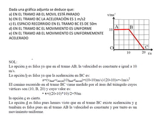 Dada una gráfica adjunta se deduce que:a) EN EL TRAMO AB EL MOVIL ESTÁ PARADOb) EN EL TRAMO BC LA ACELERACIÓN ES 1 m/s2c) EL ESPACIO RECORRIDO EN EL TRAMO BC ES DE 50md) EN EL TRAMO BC EL MOVIMIENTO ES UNIFORMEe) EN EL TRAMO AB EL MOVIMIENTO ES UNIFORMEMENTEACELERADO