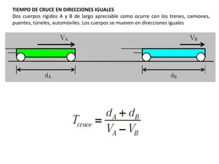 TIEMPO DE CRUCE EN DIRECCIONES IGUALESDos cuerpos rígidos A y B de largo apreciable como ocurre con los trenes, camiones, puentes, túneles, automóviles. Los cuerpos se mueven en direcciones iguales