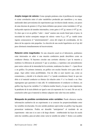 Amplio margen de valores: Como ejemplo podemos citar el problema de investigar
si existe correlación entre el calor metabólico producido por mamíferos y su masa,
analizando datos provenientes de experimentos que involucren desde ratones, con pesos
de unas decenas de gramos (≈10 g), hasta elefantes que pesan varias toneladas (≈106 g),
incluyendo especies de tamaños intermedios, como gatos (≈103 g), monos (≈104 g), etc.
Es claro que si en un gráfico “calor − masa” usamos una escala lineal para el peso, la
necesidad de incluir semejante margen de valores −entre 0 g y 106 g− tendrá como
ingrata consecuencia el “amontonamiento”, cerca del origen de coordenadas, de los
datos de las especies más pequeñas. La elección de una escala logarítmica en el eje del
peso eliminaría inmediatamente tal inconveniente.


Relación entre magnitudes: En una situación usual en el laboratorio, podríamos
estar interesados en saber si una muestra conductora puede describirse como un
conductor óhmico. Si hacemos circular una corriente eléctrica I por la muestra y
medimos la diferencia de potencial V que se produce, y repetimos este procedimiento
para varios valores de la intensidad de la corriente, tendremos los datos V − I para llevar
a un gráfico. En primera instancia, un gráfico con escalas lineales sirve para abrir el
juego. Aquí caben varias posibilidades. Una de ellas es usar nuestro ojo, como ya
comentamos, y decidir si la relación entre V e I puede considerarse lineal, lo que nos
diría si el material conductor es óhmico (la relación entre V e I es lineal) o no. Pero
supongamos que queremos ir más allá. Si verdaderamente el conductor es óhmico, un
gráfico log−log en las variables V e I debería resultar lineal y, lo que es más importante,
la pendiente de la recta debería ser igual a uno (el exponente de I es uno). De ser así, la
conclusión sobre que el material es óhmico adquiere más valor tras este análisis.


Búsqueda de posibles correlaciones entre variables: Puede obtenerse mucha
información cualitativa de un experimento si se conocen las proporcionalidades entre
las variables involucradas. En este sentido podemos aprovechar un gráfico log−log para
pronosticar tendencias. Podría ser deseable “anticiparnos” al resultado de un
experimento –más aun si es caro o de largo aliento– estableciendo las leyes de escala
entre las variables, para así saber cómo varía la variable de salida Y frente a un cambio



Red Creativa de Ciencia - 2002                                                          11
 