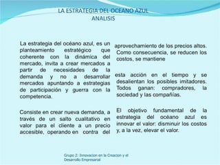 LA ESTRATEGIA DEL OCEANO AZUL
           ANALISIS




 Grupo 2: Innovacion en la Creacion y el
 Desarrollo Empresarial
 