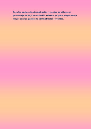 Para los gastos de administración y ventas se obtuvo un
porcentaje de 65,3 de variación relativa ya que a mayor venta
mayor son los gastos de administración y ventas.
 