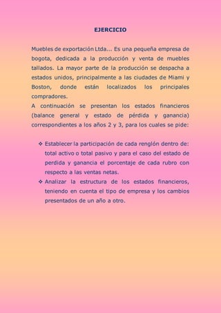 EJERCICIO
Muebles de exportación Ltda... Es una pequeña empresa de
bogota, dedicada a la producción y venta de muebles
tallados. La mayor parte de la producción se despacha a
estados unidos, principalmente a las ciudades de Miami y
Boston, donde están localizados los principales
compradores.
A continuación se presentan los estados financieros
(balance general y estado de pérdida y ganancia)
correspondientes a los años 2 y 3, para los cuales se pide:
 Establecer la participación de cada renglón dentro de:
total activo o total pasivo y para el caso del estado de
perdida y ganancia el porcentaje de cada rubro con
respecto a las ventas netas.
 Analizar la estructura de los estados financieros,
teniendo en cuenta el tipo de empresa y los cambios
presentados de un año a otro.
 