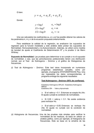 O bien:
                            y = a o + a1 X 1 + a 2 X 2
      Donde:

                            y = log I            ao = log k
                            X 1 = log T          a1 = m
                            X 2 = log D          a 2 = −n

       Una vez calculados los coeficientes ao, a1 y a2 fue posible obtener los valores de
los parámetros k, m y n de la ecuación propuesta anteriormente.

       Para establecer la calidad de la regresión, se analizaron los supuestos de
regresión para la función modelada y este análisis debe probar los supuestos de
Normalidad, Homocedasticidad y no-Autocorrelación. Además, se utilizó como medida
de bondad de ajuste al Coeficiente de Determinación R2 y la prueba U de Mann
Whitney.

Supuesto de Normalidad. Las pruebas para determinar si se cumple o no el supuesto
de normalidad, o sea, que las perturbaciones poblacionales tienen una distribución
normal, son el Test de Kolmogorov - Smirnov y el gráfico de Histogramas de
frecuencias.

(i) Test de Kolmogorov - Smirnov. Este test viene incorporado en numerosos
                              programas estadísticos actuales, como por
                              ejemplo, el programa STATGRAPHICHS Plus. Una
                              vez ingresados los datos correspondientes, el
                              programa entrega los siguiente resultados:

                                    Test Kolmogorov - Smirnov (95% de confianza).

                                    Estadístico Kolmogorov DPLUS - Estadístico Kolmogorov
                                    MINUS
                                    Estadístico DN - Valor-p Aproximado

                                    ! Si el valor-p > 0.1. Entonces se acepta Ho (Ho:
                                    El ajuste cumple la condición de normalidad).

                                    ! Si 0.05 < valor-p > 0.1. No existe evidencia
                                    para rechazar Ho.

                                    ! Si el valor-p < 0.05. Entonces se rechaza Ho
                                    (Ha: El ajuste no cumple con la condición de
                                    normalidad.

(ii) Histograma de frecuencias. Una de las pruebas más simples para verificar la
                                normalidad de los residuos, se basa en utilizar un
                                análisis gráfico, como por ejemplo, el histograma de
                                frecuencias. Éste se basa en la simetría de las

                                                                                            18
 